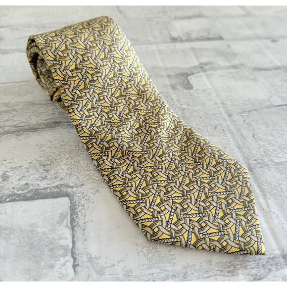 VTG Hermes Silk Tie Yellow Gray Brown Geometric Interlocking Rings Print 399EA - Picture 1 of 6